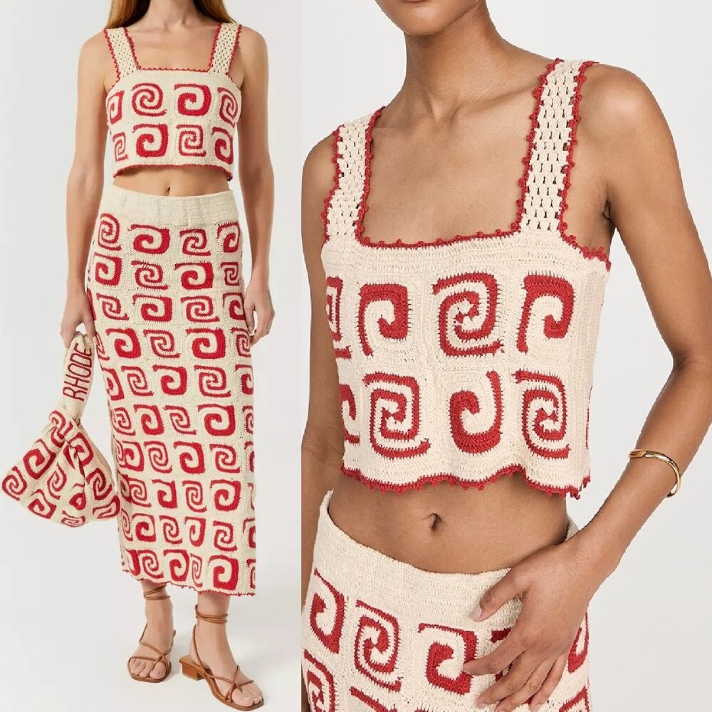 NWT $575 RHODE 2PC HAND CROCHETED SLOANE TANK TOP & ANA MIDI SKIRT SIZE L